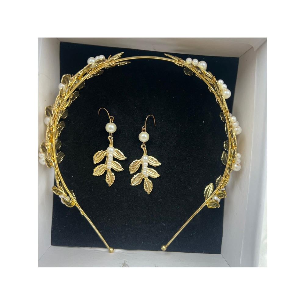 Babeyond Gold Leaf Pearl Headband and Earrings Set Bridal Wedding Grecian Laurel